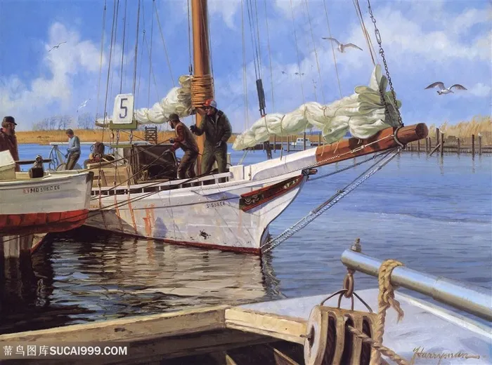 海景船美景油画装饰画
