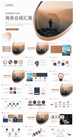 椭圆几何风蓝咖商务总结汇报通用ppt模板