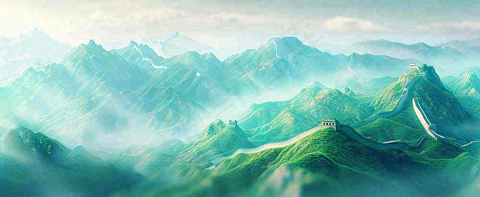 崇山峻岭高山白云中国风插画长城风景(1712x704)