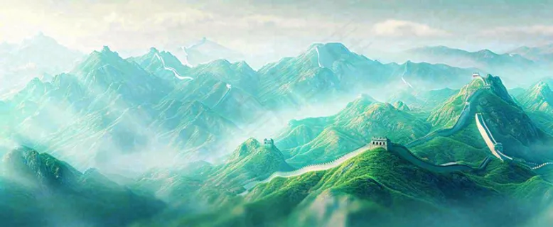 崇山峻岭高山白云中国风插画长城风景