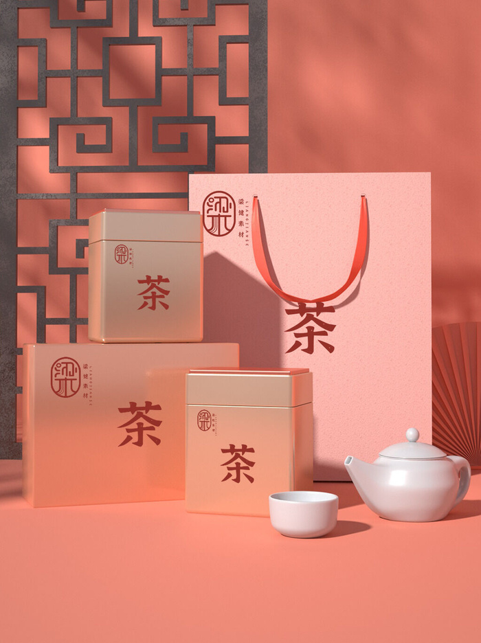 国风高档茶叶包装盒袋罐瓶LOGO标贴展示VI智能贴图样机PSD素材psd模版下载
