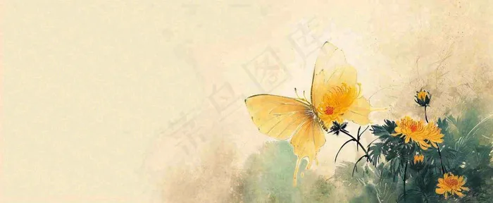 温馨纹理橙色花朵鲜花蝴蝶意境唯美，中国风(1712x704)