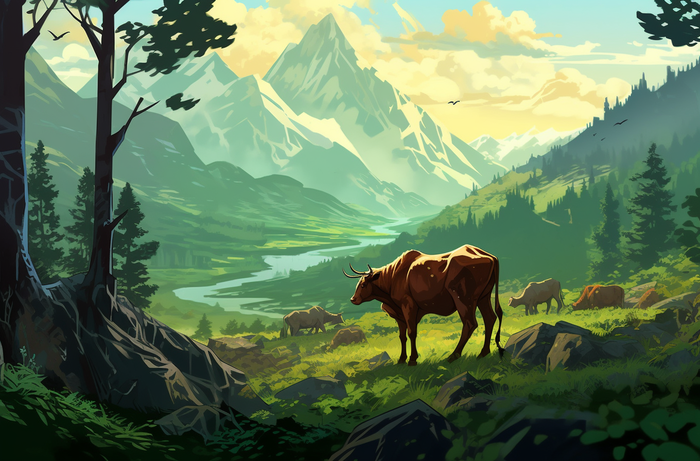 一群奶牛和山羊在山上的绿色草地上插画