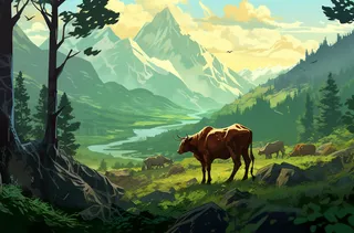 一群奶牛和山羊在山上的绿色草地上插画