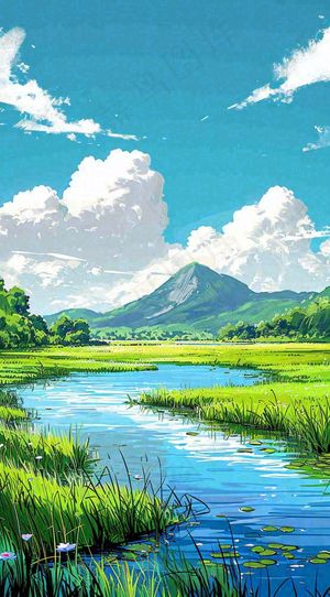 春天阳光灿烂远处的高山和田野春意盎然手绘卡通画