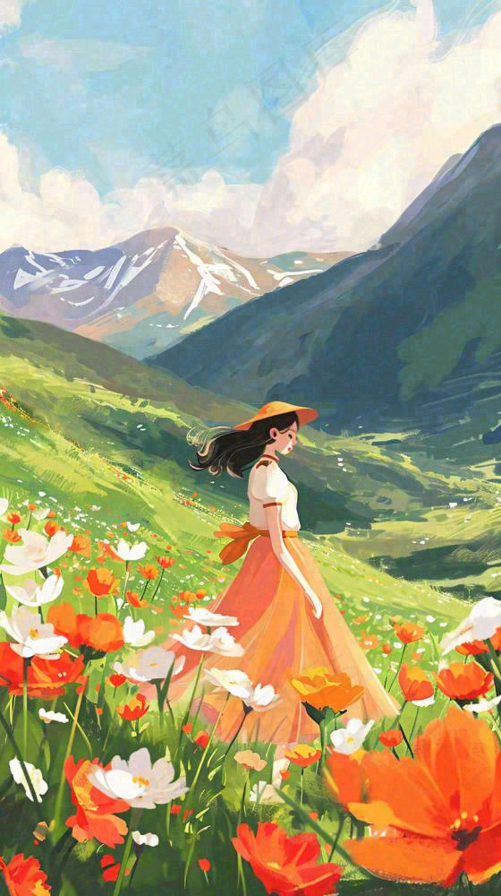 春天山脉草坪花海上穿裙子的女孩油画手绘插画，清新浪漫，踏青春游(816x1456)