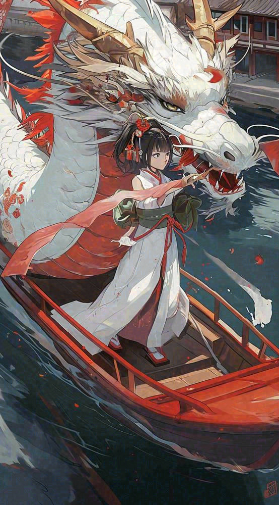 古风仙侠暗黑人物在河流上，龙中国风插画(816x1472)