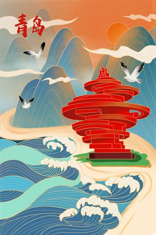 中国风国潮古建筑地标城市古风建筑阁楼印象地标手绘插画PSD素材