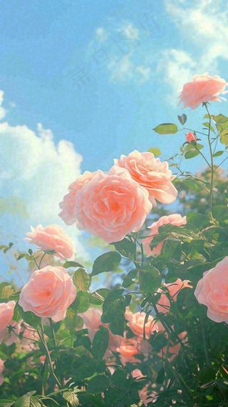 春天蓝天白云阳光下的粉色玫瑰花朵，谷雨立夏