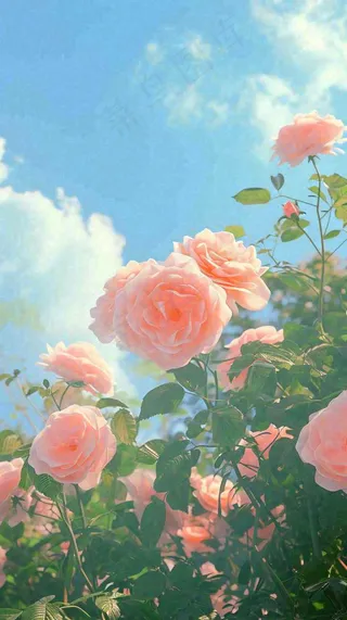 春天蓝天白云阳光下的粉色玫瑰花朵，谷雨立夏