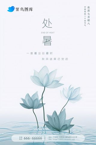 处暑唯美清新荷花蓝色淡雅节气海报