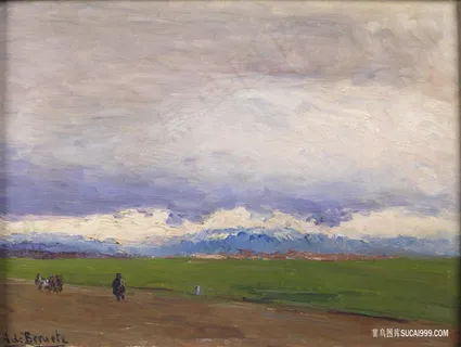 道路草地风景画油画