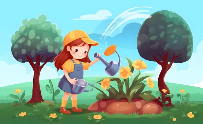 植树小女孩给树浇水大自然插画海报素材背景(5632x3456)