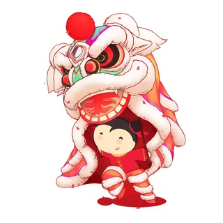 新年春节虎年元宵手绘人物舞狮卡通狮子头插画元素PSD设计素材