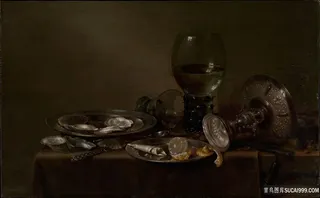 威廉 · 克莱兹 · 赫达- 有牡蛎，银色太沙和玻璃器皿的静物画油画图片