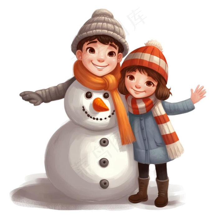 孩童堆雪人可爱卡通插画免抠(1040x1024)