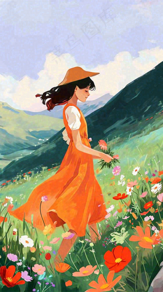 春天山脉草坪花海上穿裙子的女孩油画手绘插画，清新浪漫，踏青春游