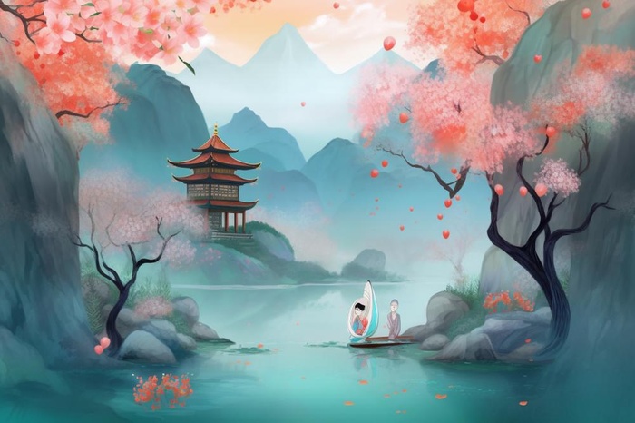 浪漫古风山水风景插画背景(1344x896)