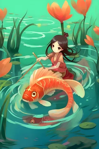 湖水水草金鱼女孩插画背景