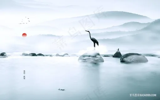 水墨湖畔仙鹤风景画 水墨湖畔仙鹤风景画