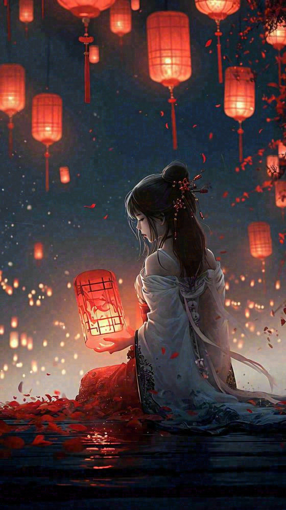 古风夜晚湖边少女灯笼意境水面