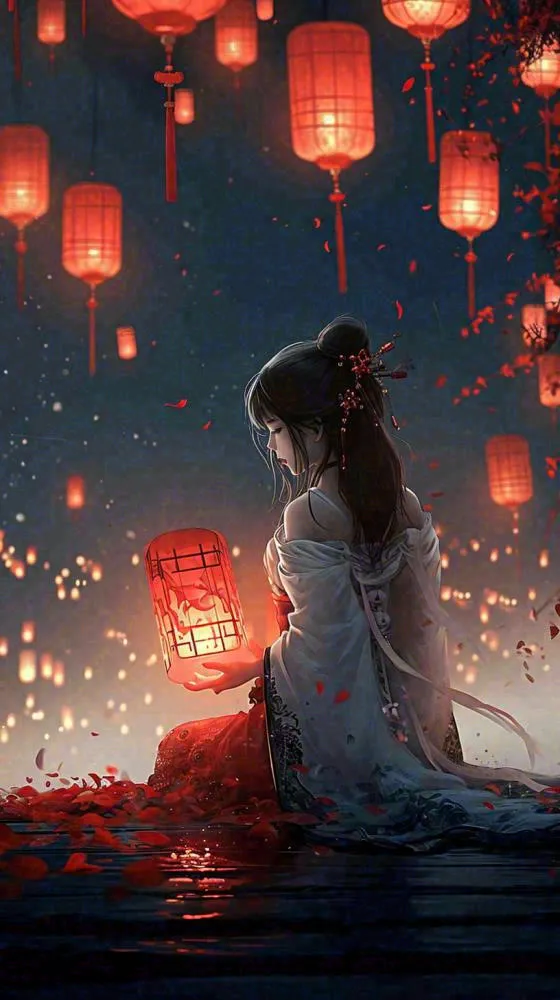 古风夜晚湖边少女灯笼意境水面(816x1456)