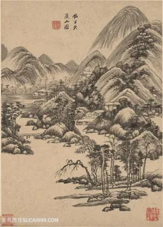 明代画家王鉴仿子久夏山图仿古山水图国画图片 明代画家王鉴仿子久夏山图仿古山水图国画图片
