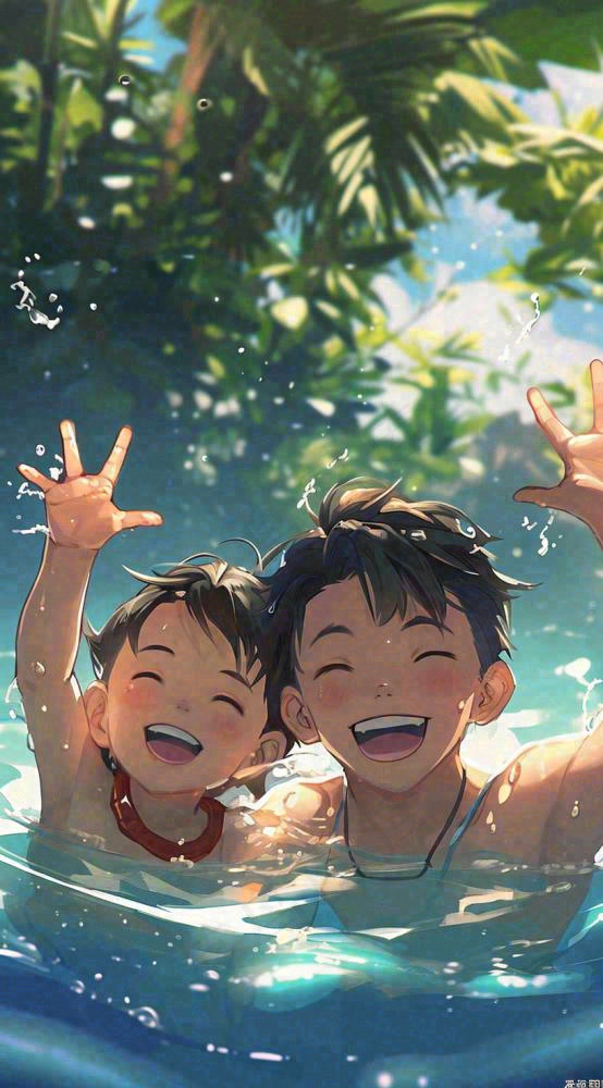 夏天火辣阳光少年游泳清爽插画，夏至夏季小暑大暑暑假(816x1472)