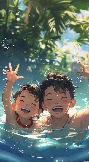 夏天火辣阳光少年游泳清爽插画，夏至夏季小暑大暑暑假