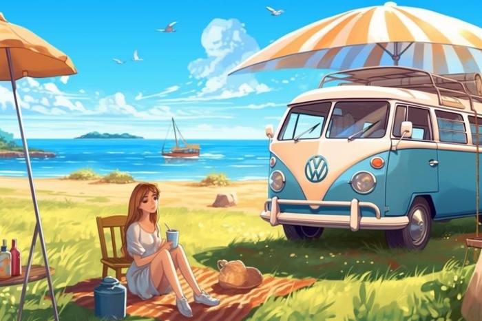 女孩阳光沙滩露营插画背景