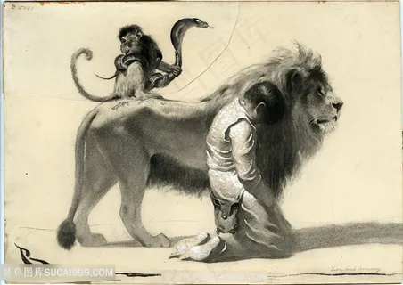 诺曼 · 洛克威尔手绘狮子女孩装饰画