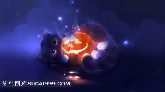 抱着南瓜灯的黑色小猫