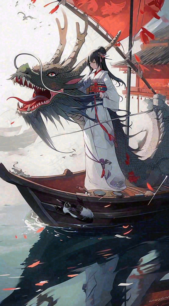 古风仙侠暗黑人物在河流上，龙中国风插画(816x1472)