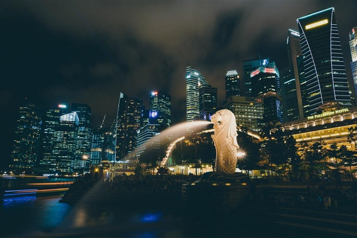 黑色建筑现代鱼尾狮喷水城市夜景城市