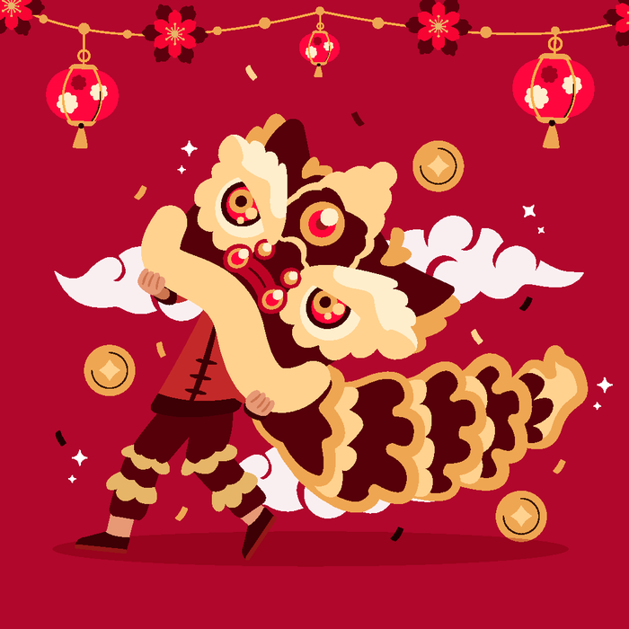 新年虎年舞狮插画 