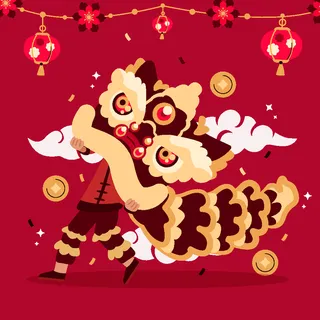 新年虎年舞狮插画 