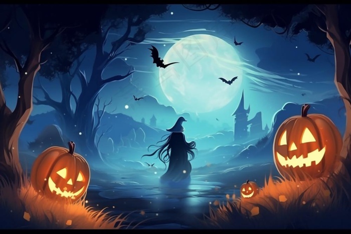 万圣节夜晚坟墓恐怖月色树林插画蓝黑色背景(1344x896)