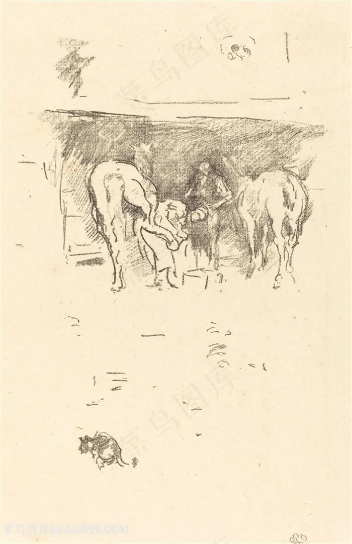 惠斯勒素描马棚艺术装饰画