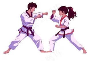 跆拳道男孩女孩对战插画免抠
