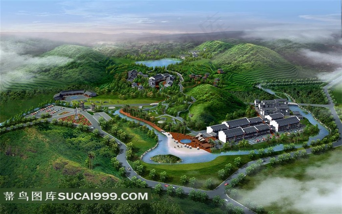 山间村庄和绿色植物效果图