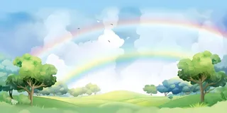 春天蓝天白云彩虹树林草坪手绘插画风景海报素材背景