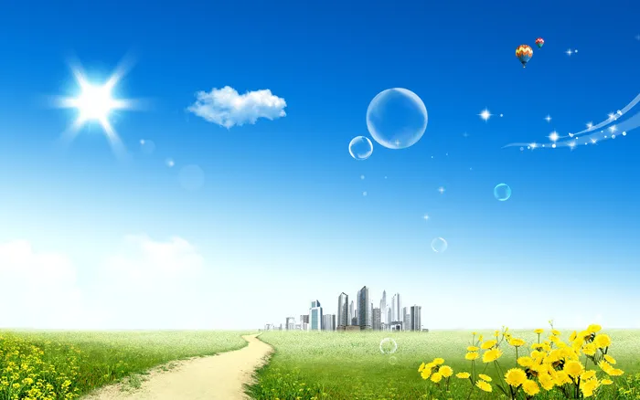 蓝天白云绿草花卉小路风景