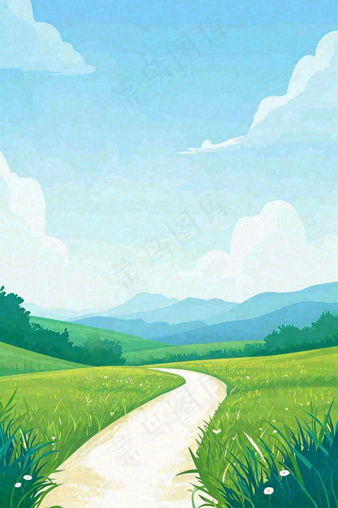 春日郊游草坪小路小花踏青手绘插画，立春春分(896x1344)
