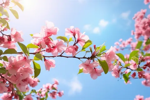 春天阳光明媚的树枝上开满了粉红色的花朵摄影图 春天阳光明媚的树枝上开满了粉红色的花朵摄影图