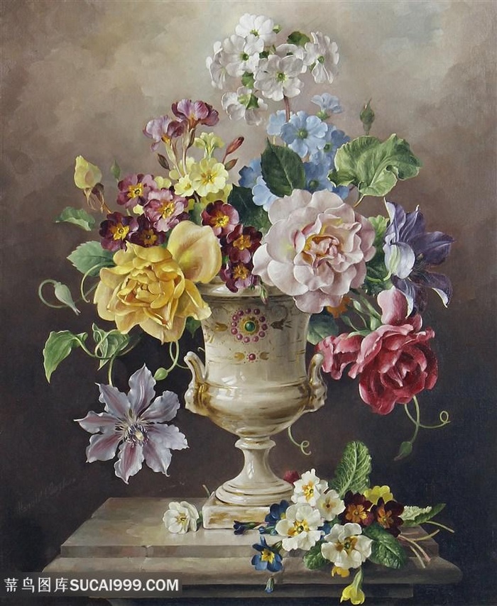 插在白色瓷瓶中的唯美花卉静物油画图片