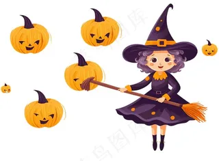 万圣节女巫蝙蝠南瓜卡通插画免抠