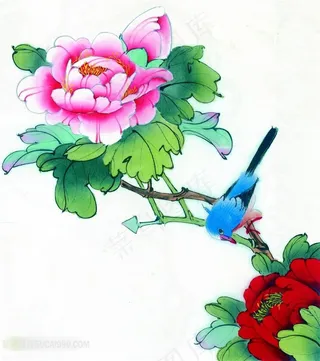 工笔牡丹花枝上的小鸟