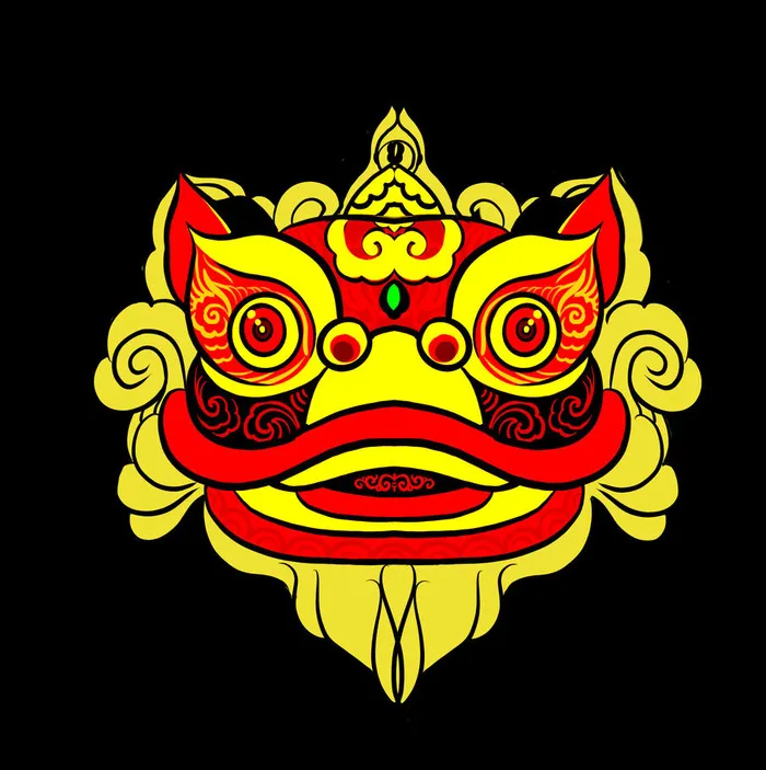 新年春节虎年元宵手绘人物舞狮卡通狮子头插画元素PSD设计素材