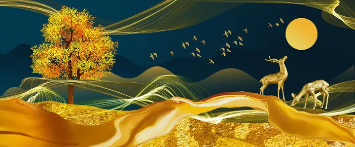 金色山水金鹿发财背景psd模版下载