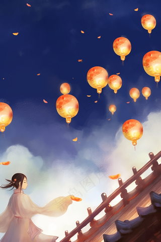 古风灯笼古城墙上的少女孔明灯插画水彩画素材